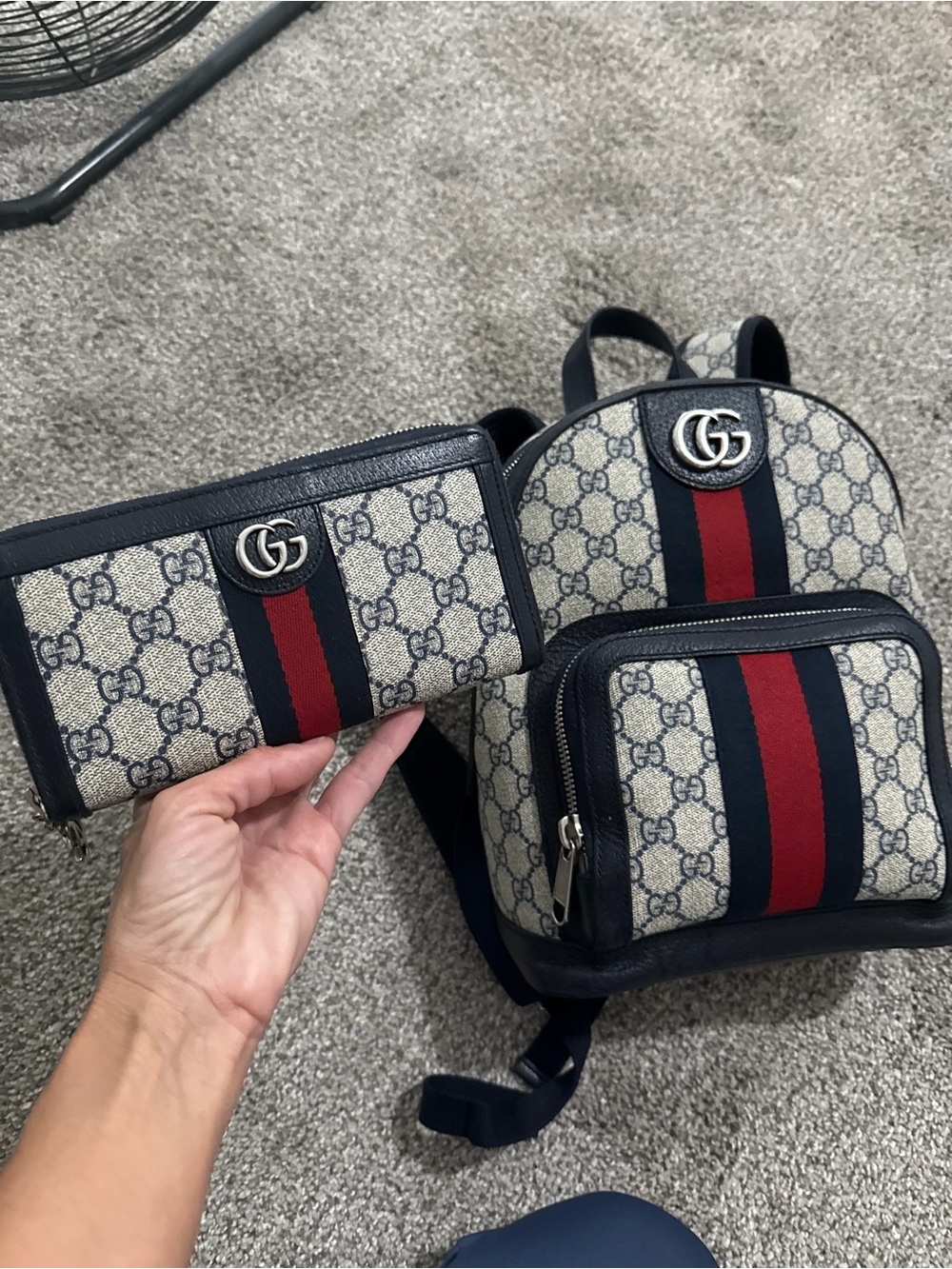 Gucci Beige GG Canvas Mini Backpack and Zip Wallet with Navy & Red Stripe set